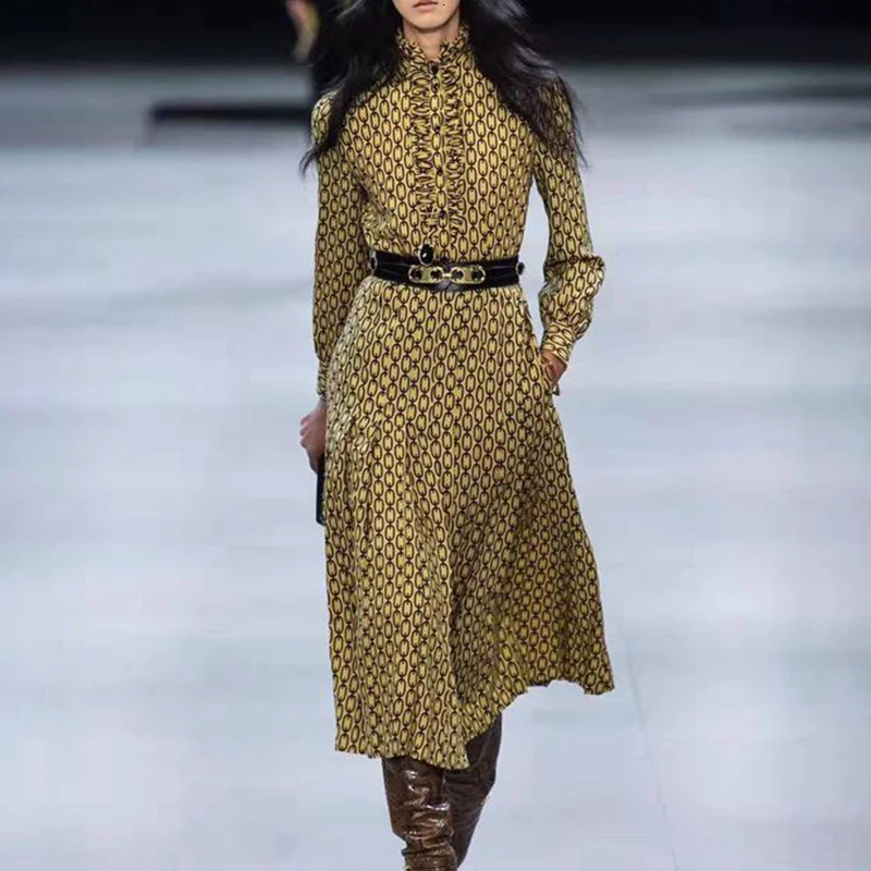 

Print Ruffle Dress for Women O Neck Long Sleeve High Waist with Sashes Dresses Female Autumn Fashion New 45
