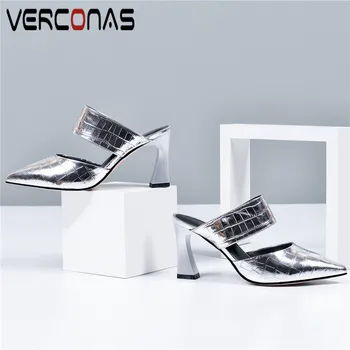 

VERCONAS Women 2020 Fashion Mules Genuine Leather High Quality Pointed Toe Thick Heel Slippers High Heeled Sandals Shoes Woman