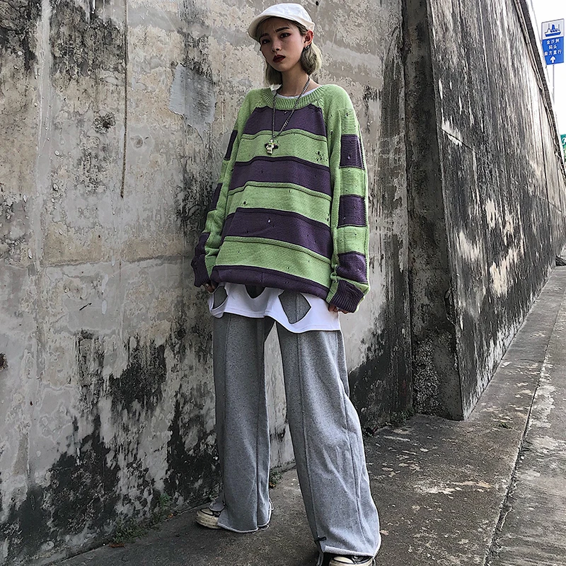 Winter Sweater Men Warm Fashion Contrast Color Casual Knit Sweaters Man Sweter Clothes Loose Striped Hole Pullover Men