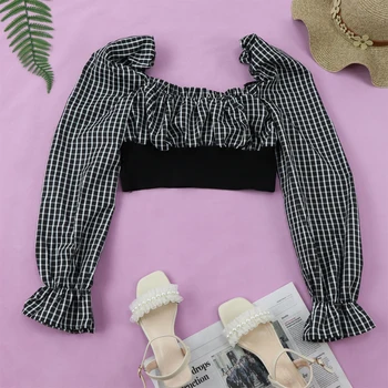 

vintage plaid shirts sexy square collar cropped tops women long sleeve gothic shirts knitted hem square Chequered Sexy T-shirt