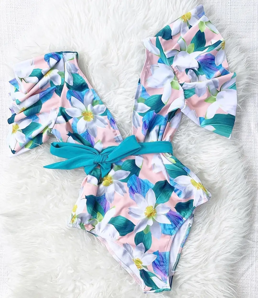 Sexy DeepV  Swimsuit Women Tropical Floral Swimwear Flower Printed Monokini Ruffle Bodysuit Flounce Bathing Suit