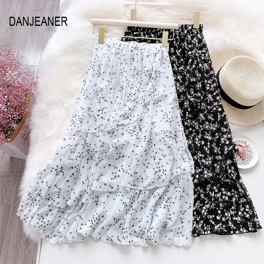

DANJEANER Floral Skirt Women's High Waist Three Layed Ruffles Cake Skirts Summer Casual Elegant Chiffon Beach Long Skirts