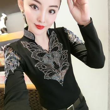 

2020 Spring Women Gemstones T-shirts Lady Bling Bling Fox T-shirts Femme Bead Work Fox Tops