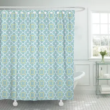 

Teal Morrocan Traditional Quatrefoil Lattice Pattern Blue Geometric Clover Bathroom Curtains Waterproof Polyester Fabric 72 x 78