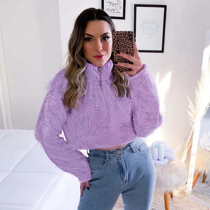 IAMSURE 2020 Autumn Korean Fashion Long Sleeve Casual Fluzzy Sweatshirts For Women Turtleneck Zipper Female Cropped Pullovers