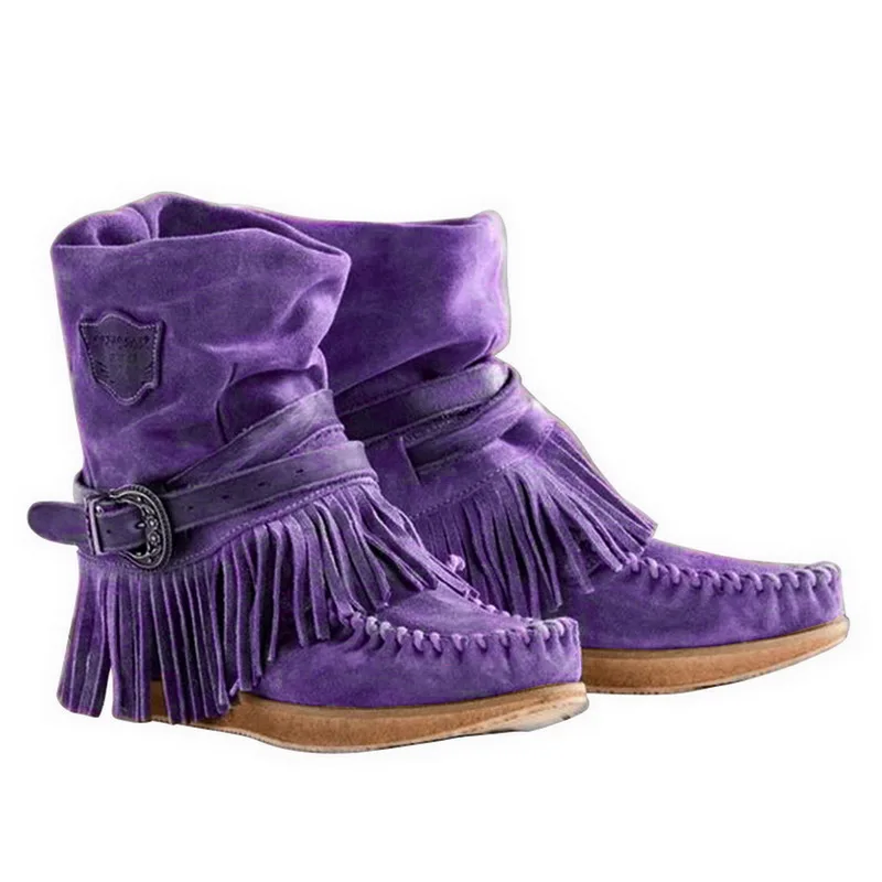Женские модные ботинки в стиле ретро; женские полуботинки в британском стиле с матовой бахромой; женские повседневные замшевые ботинки на плоской подошве; Новинка года - Цвет: purple