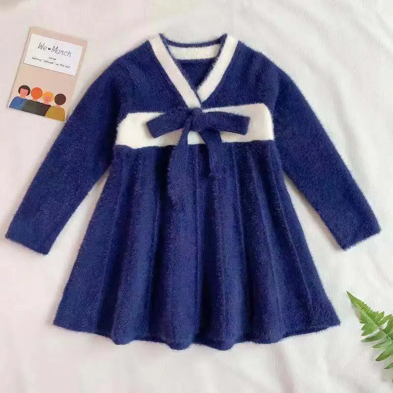 Ethnic style V-neck embroidery knit dress Autumn and winter new children's sweater dresses girls princess warm dress - Цвет: navy blue