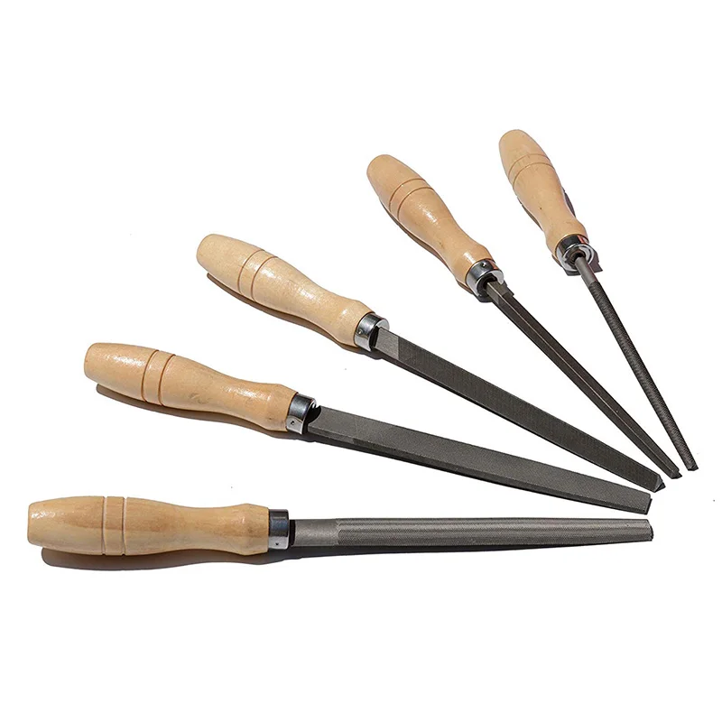 High Carbon Steel File Set with Wooden Handles Rasp File for Wood, Metal, Plastic, 5 Pieces (Steel File)