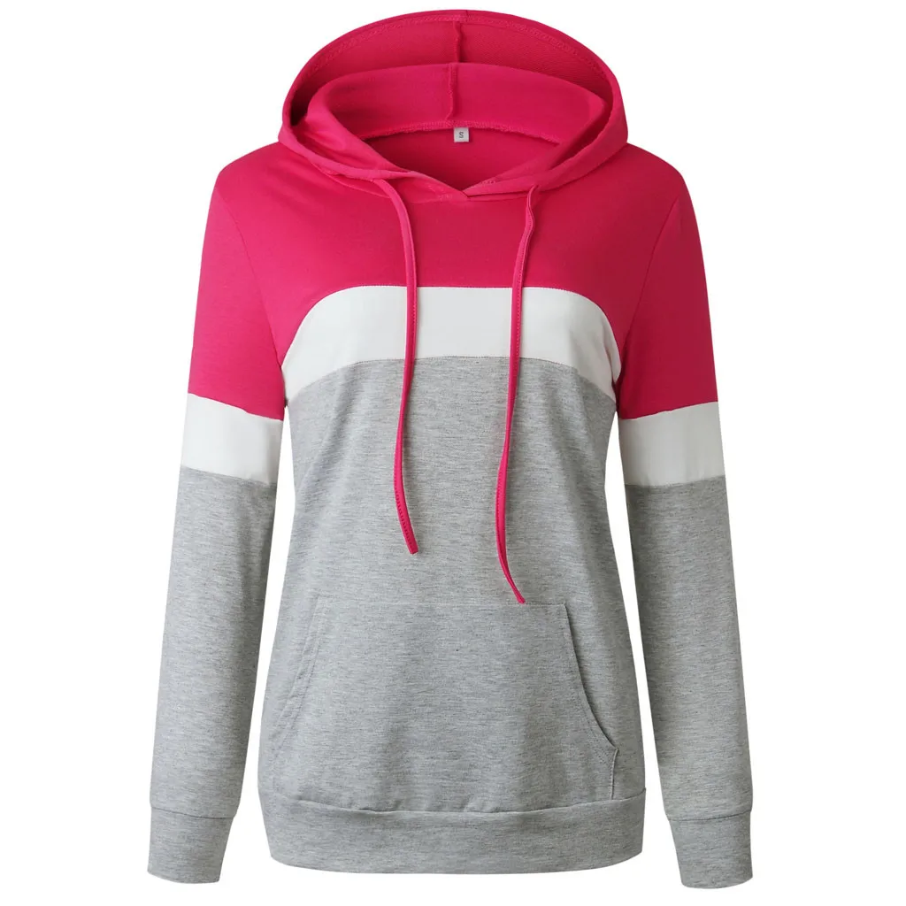 Hot Pink Осенняя Толстовка c капюшоном Для женщин в стиле пэчворк с карманами, свитер с длинными рукавами пуловер толстовка с капюшоном рубашка Топы с капюшоном, Для женщин sudadera mujer - Цвет: Hot Pink