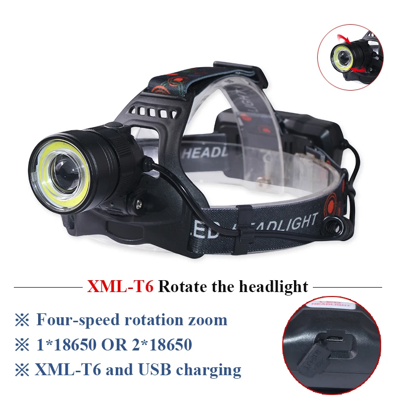 

dual light source zoom headlamp led xm-l t6 lampe frontal cob 2x18650 usb rechargeable headlight flashlight waterproof headtorch