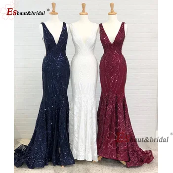 

Luxury Sparkly Burgundy Mermaid Prom Dress 2020 Sequined Plunging V Neck Backless Formal Evening Party Gown