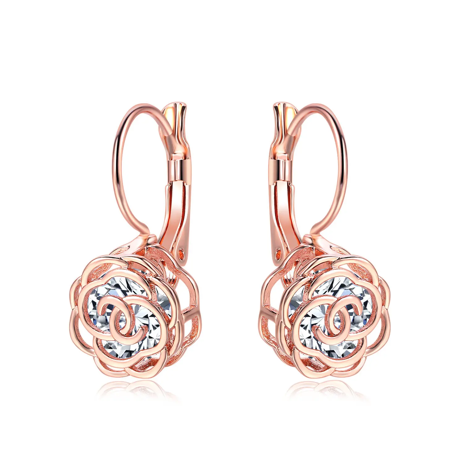 

Hollow Camellia 925 Drop Earrings Rose Gold Zircon Diamond Earrings for Women Wedding Earring 925 Silver Color Jewelry Gift