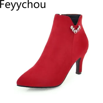 

Women Boots Autumn Winter High Heel Warm Flock Zip Pointed Toe Ankle Basic Chelsea Shoes 2019 New Sexy Fashion Plush Gray Red