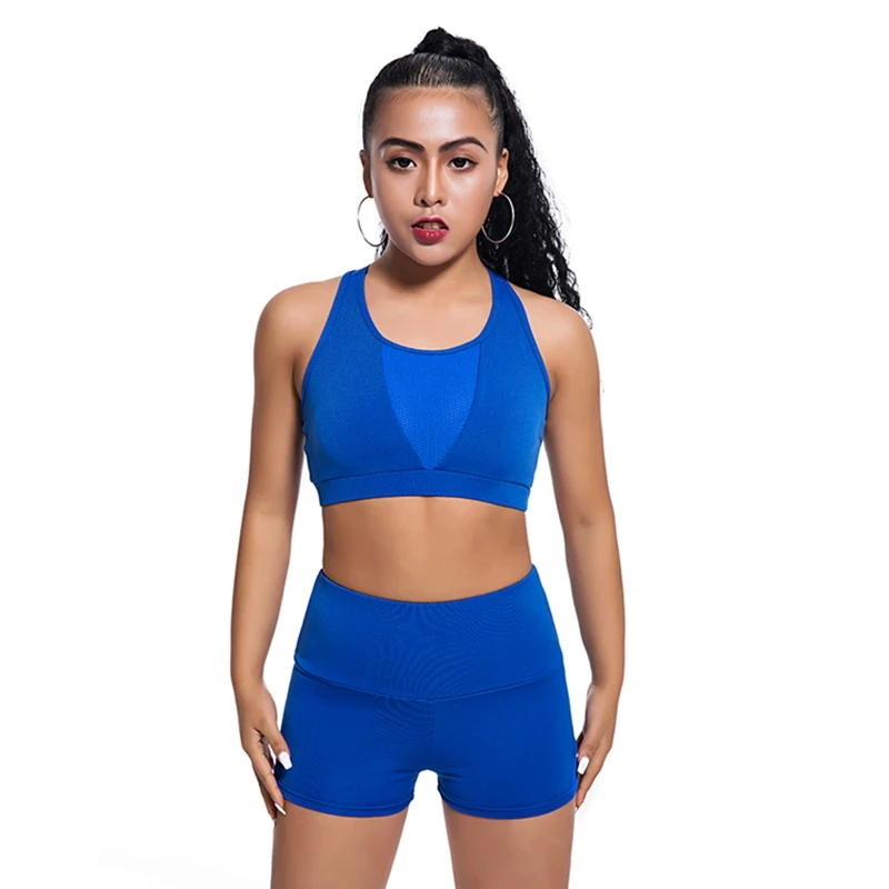 

2 Pcs Female's Gym Workout Clothes Suit Tracksuit Crop Top With Short Pants Double-Layer Wire Free Cups Sports Suit