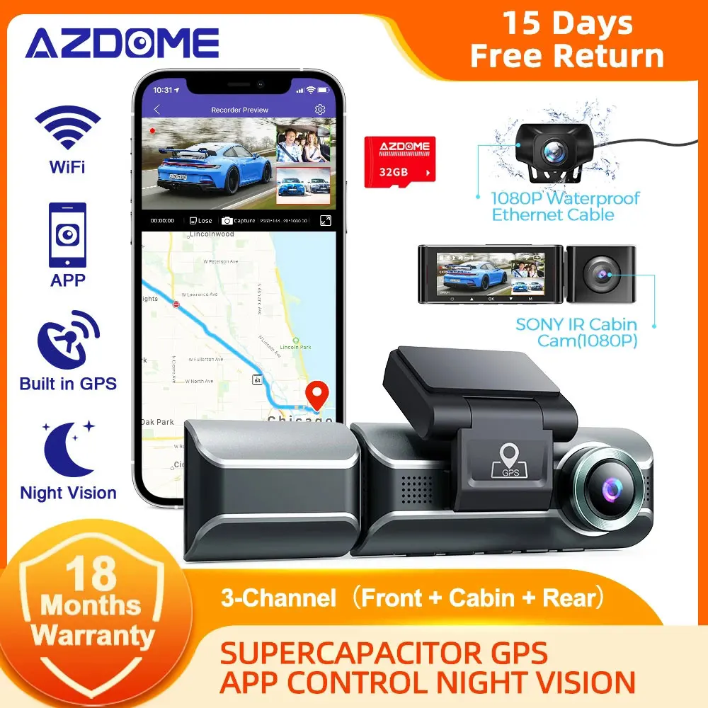 AZDOME Dash Cam Three Lens 4K+1080P UHD Recording Car Camera DVR Night Vision WDR Built-In GPS Wi-Fi G-Sensor Motion Detection | Автомобили