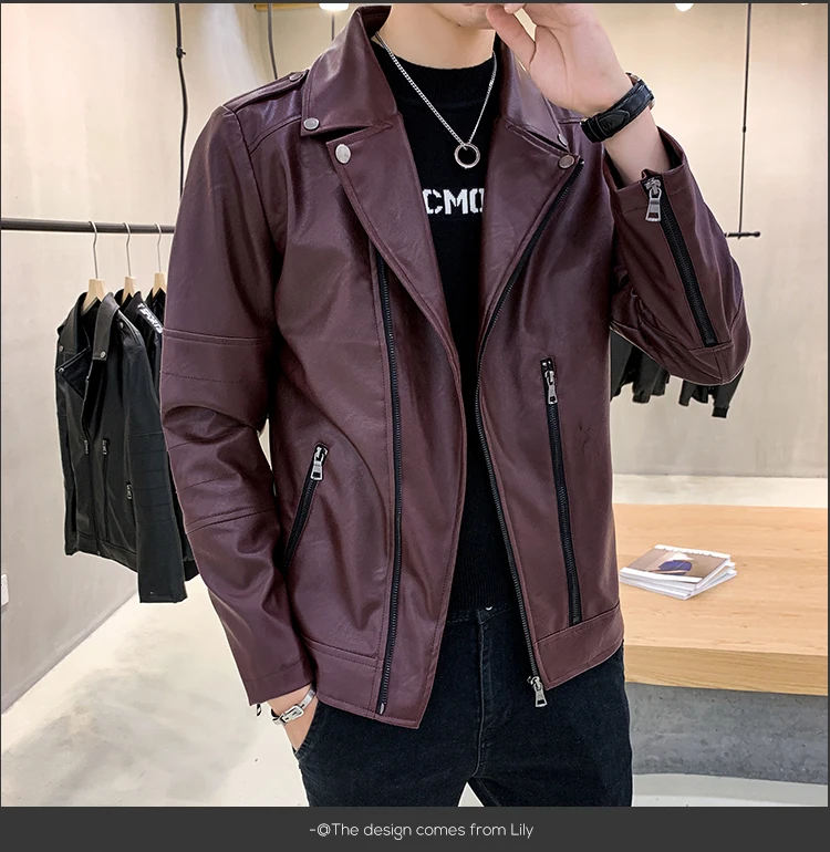 Модные Jaqueta де Couro Slim Fit Chaqueta Cuero Hombre; Цвет Черный; кожаная мотоциклетная куртка Для мужчин Chaqueta Hombre кожаная куртка Для мужчин s цвет красного вина