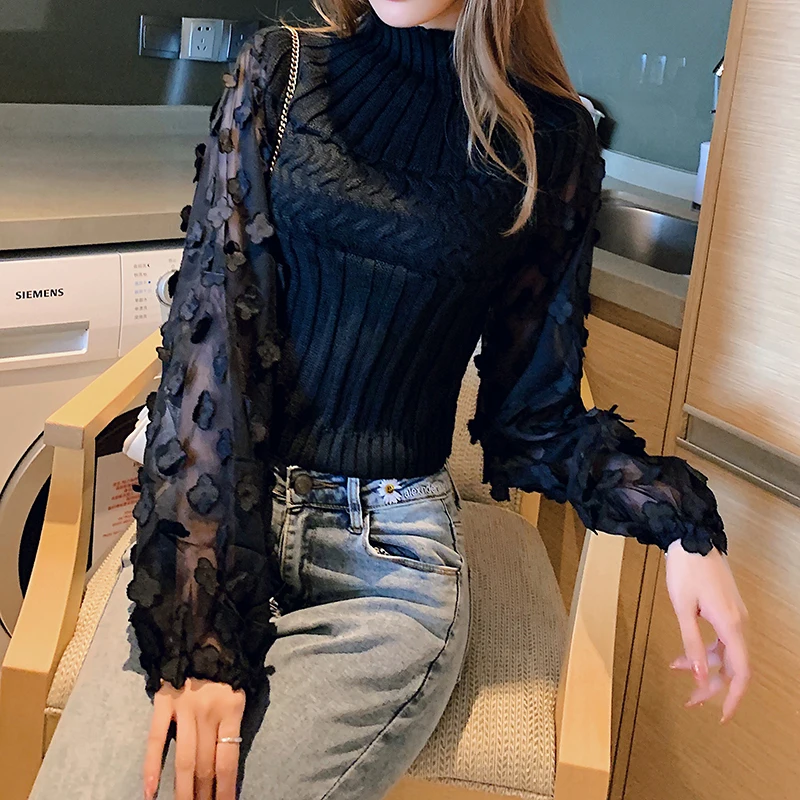 New 2020 Autumn Winter Women's Sweaters Turtleneck Mesh Patchwork Knitwear Long Sleeve Ladies Tops Pullover Pink Crop Sweater