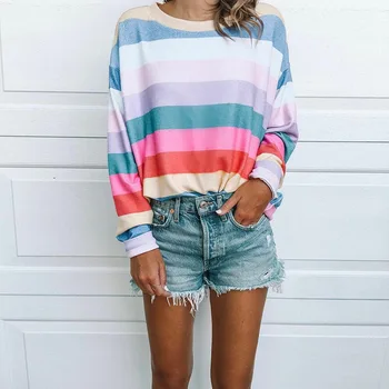 

Hot Sale Autumn and Winter Fashion Print Round Neck Long Sleeve Color Strip Blouse Simple Sweatshirts