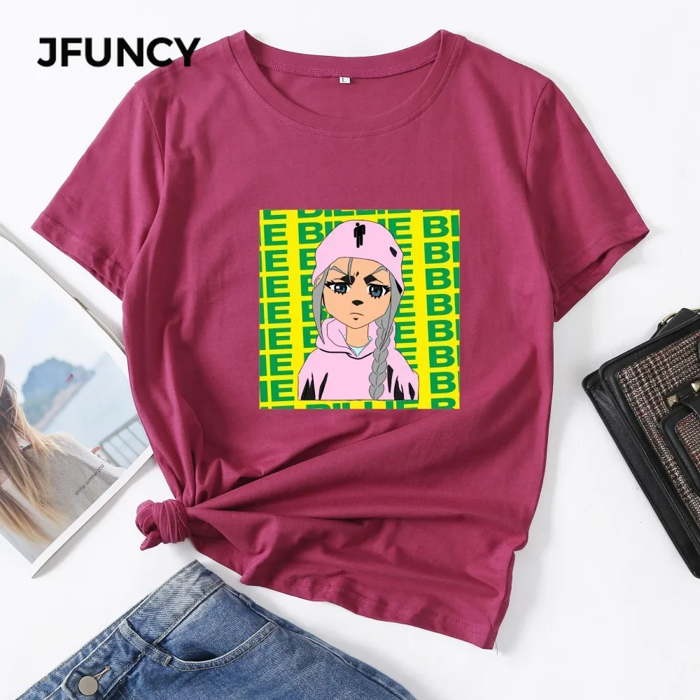 

JFUNCY Plus Size 2020 Summer Women Cotton T-shirt Billie Cartoon Print Graphic Tee Shirts Short Sleeve Female Tops Pink Tshirt