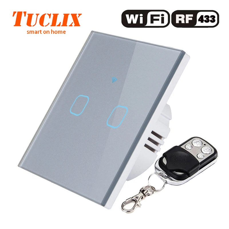 TUCLIX EU/UK настенный светильник с WiFi, 2 комплекта, 1 способ, 110-240 В, Кристальное стекло, панельный переключатель, водонепроницаемый, сенсорное управление - Цвет: WiFi-RF-02 Gray-X