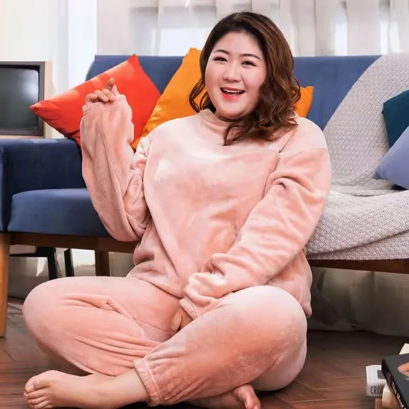 Size 10XL 140kg Winter Warm Coral Fleece Pajamas Sets Long Sleeve Top and Pants Sleepwear Suit Home Women Female Sleepwear pyjamas for women