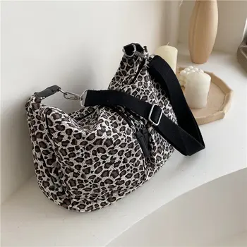 

Leopard Shoulder Bags 100% Cotton Canvas Leisure Bags Black Large Capacity Package For Women Portable Oxford Messenger Bags