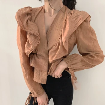 

2020 Spring and Summer Korean Office Lady Shirts Retro Elegant V-neck Pleated Ruffles High Waist Plain Long Sleeve Shirt Women