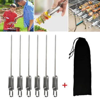 

6pcs Stainless Steel BBQ Meat Sticks Long chef grill Food Holders Skewers Needle Prongs for Barbecue Party Skewers With Bag Set