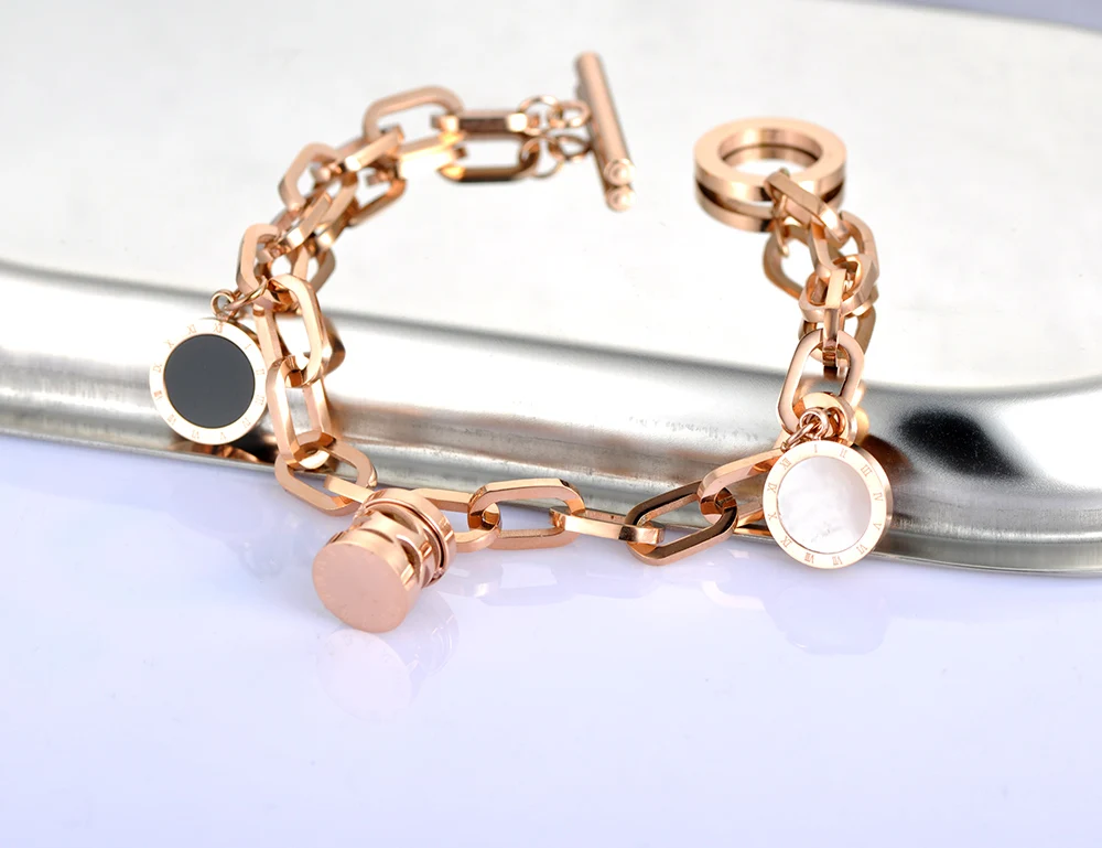 BOBOTUU браслеты из нержавеющей стали классические черные и белые оболочки круглый Roma письмо браслет из звеньев ювелирные изделия BB18048