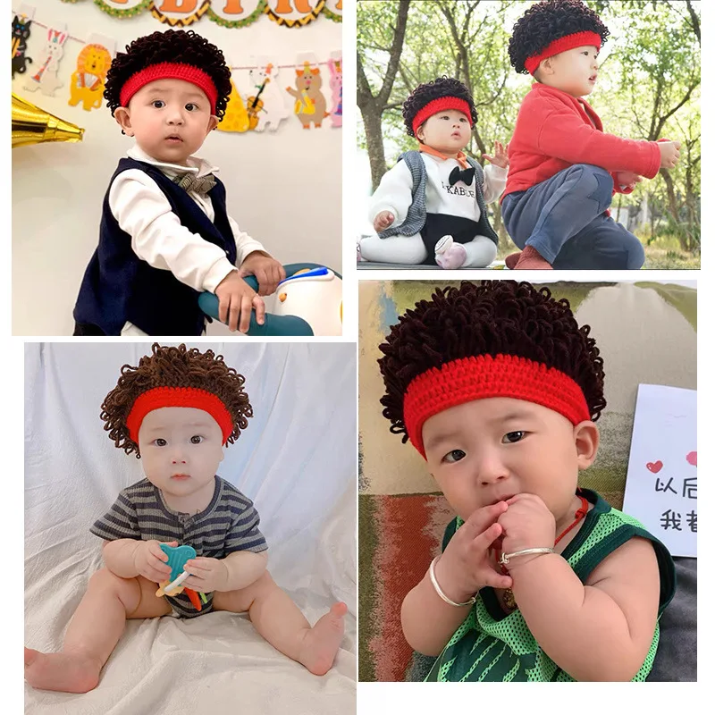 

2020 1-6Yrs Novelty Kids Wig Hat Party Cosplay Accessories Photography Props Boy Girl Winter Afro Wig Cap Knitted Hair Curly Cap