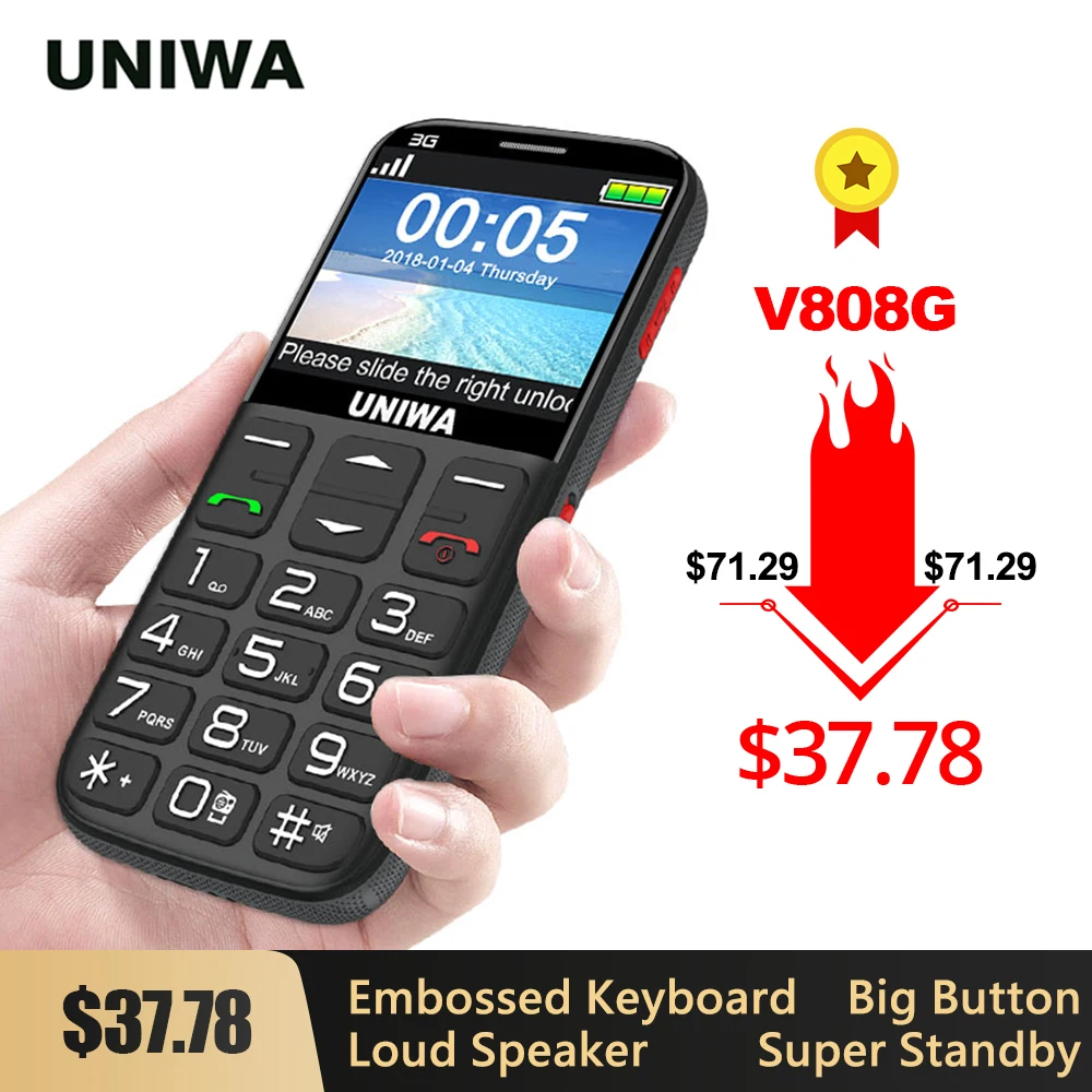UNIWA V808G Strong Torch Push Button Loud Cellphone Big SOS 3G English Russian Keyboard 10 Days 1