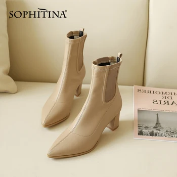 

SOPHITINA Ankle Boots Women Concise High-Quality Leather Pointed Thick Heel Elastic Fabric Shoes Classics Women's Boots SO548