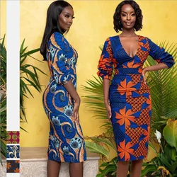 Digital Printing Women's Sexy V-neck 3 / 4 Sleeve Dress Fashion Temperament Hip Skirt  African Dress Women