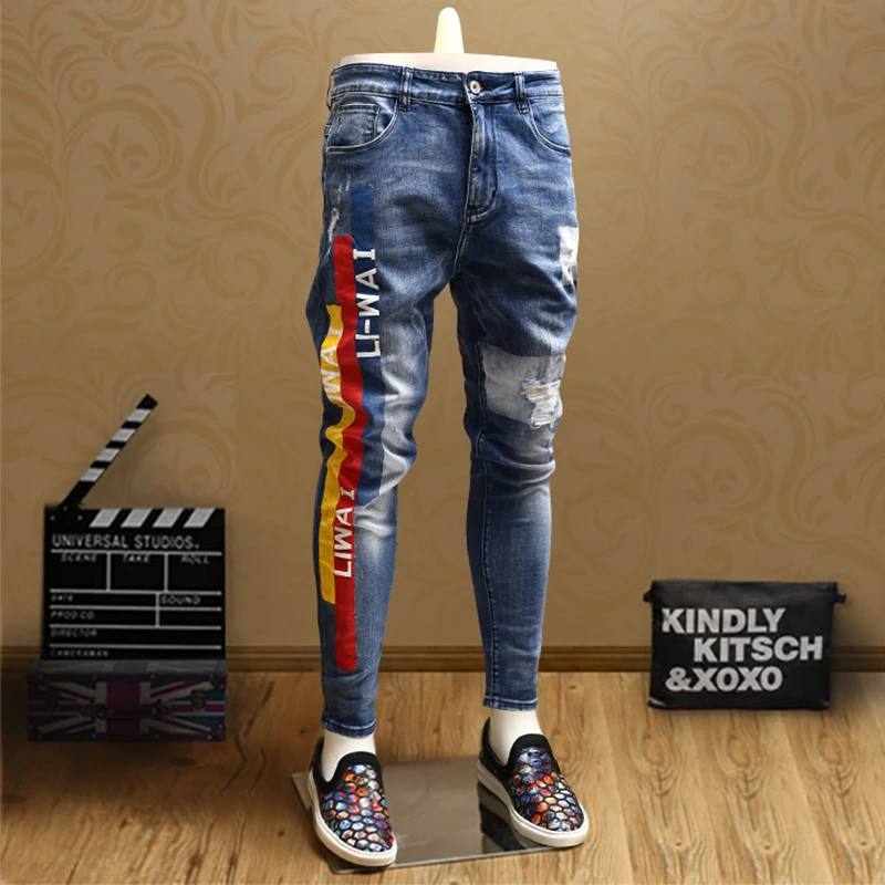 Модные мужские обтягивающие рваные джинсы Уличная синяя dsq джинсовые брюки для ковбоев мужчин