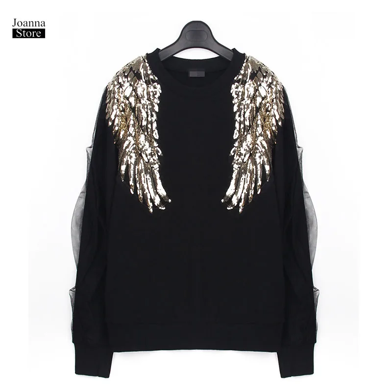 

Sequin Sweatshirt Women Oversized Pullover Harajuku Punk Tops Patchwork Streetwear Black Sweatshirts Fall Cotton Casual Clothes