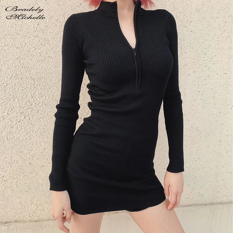 vestidos verano elegante Autumn Women New Sexy Elastic Mini Knitted Dress Long-Sleeve high-collar Slim Female Dress