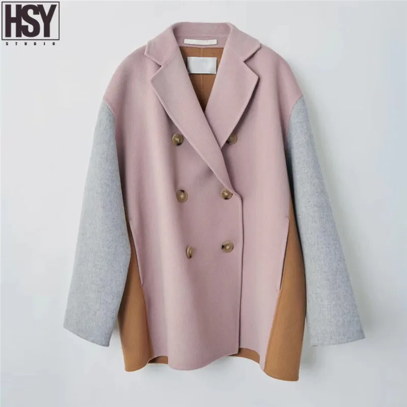 【HSY】 Осень Зима Новое Женское пальто Лотос карамель лоскутное классический двубортный силуэт стиль ручной работы шерстяное пальто