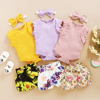 

2020 Baby Summer Clothing Infant Baby Girl Boy Clothes Short Sleeve Romper+Floral Shorts+Headband Set Solid Outfits Set 0-2T