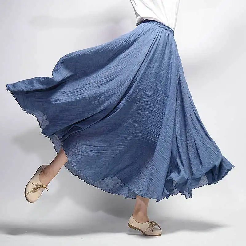 

Women's Elegant High Waist Linen Maxi Skirt 2020 Summer Ladies Casual Elastic Waist 2 Layers Skirts saia feminina 20 Colors SK53