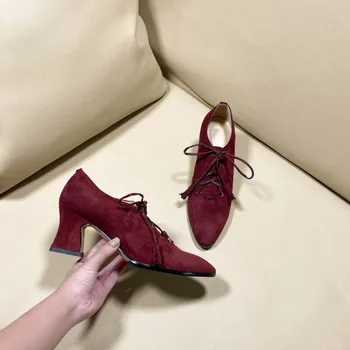

MLJUESE 2020 women pumps autumn spring soft Kid Suede lace up pointed toe black color high heels lady shoes party wedding dress
