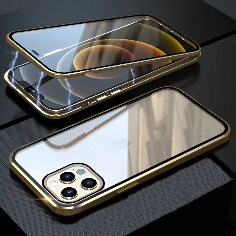 case iphone mini 12 Magnetic Metal For iPhone 12 13 Pro Max Mini Case Cover coque Clear Double-Sided Glass Bumper Phone Case luxury carcasa Men Girl iphone 12 phone mini case