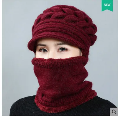 Wine Red Зимние шапки Скалли Beanies шляпа для мамы Beanies женский шерстяной шарф головные уборы, Балаклава маска Gorras капот твист полосы вязаные шапки - Цвет: Wine Red