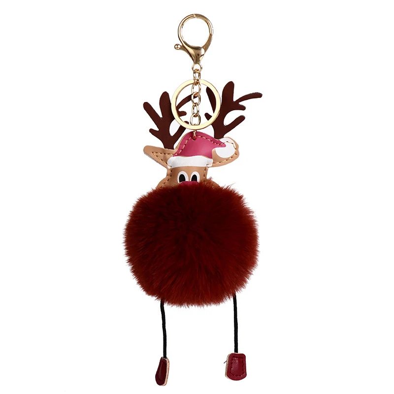 Креативный Рождественский олень брелки для женщин подарок Клаус волосы мяч ключ милый брелок кулон - Color: reddish brown
