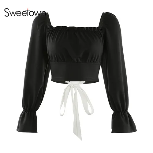 Sweetown Осень Черный Крест бандажный укороченный топ футболки для женщин бабочка рукав квадратный воротник женская футболка Корейская одежда - Цвет: black