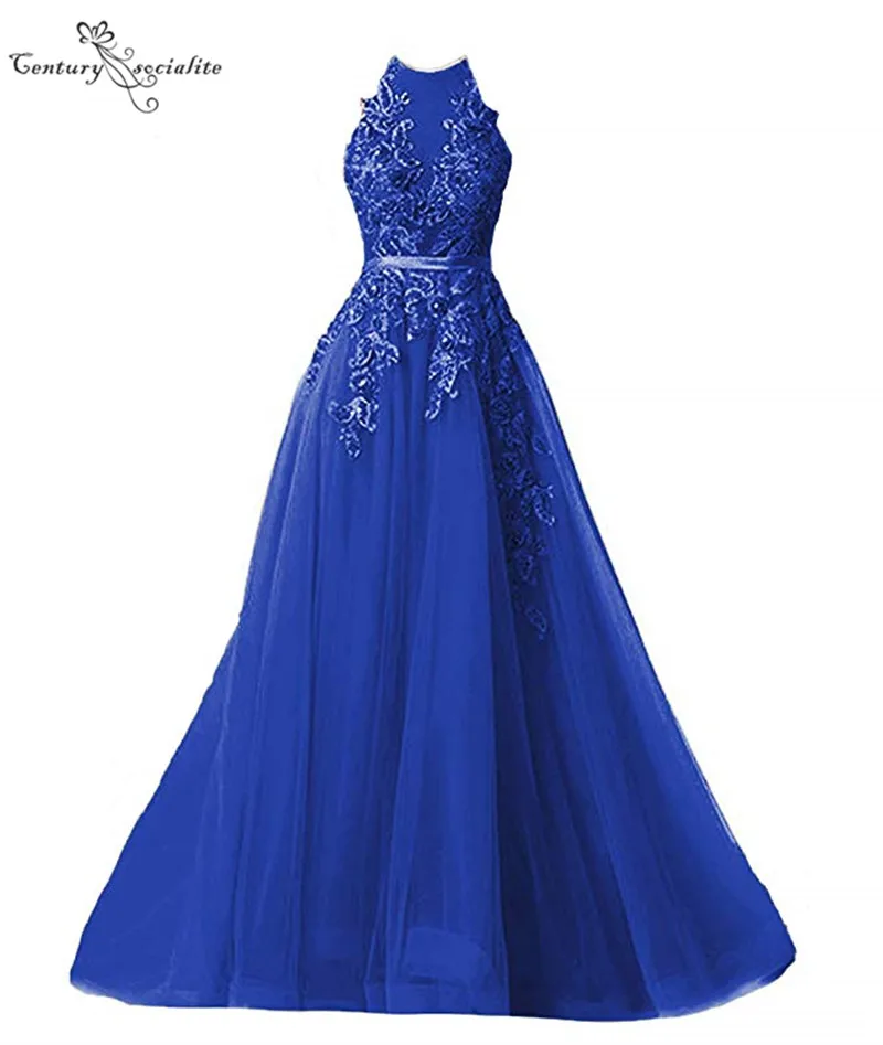 royal blue Длинные вечерние платья с кружевной аппликацией и лямкой через шею, топ с иллюзией, вечерние платья, платья для выпускного вечера, недорогие платья - Цвет: royal blue
