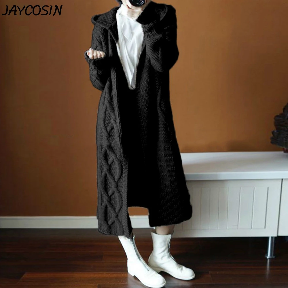 JAYCOSIN, женские свитера, одноцветные, вязанные, открытая стежка, свитер, пальто, Осень-зима, утолщенный, Повседневный, длинный кардиган, свитер, пальто