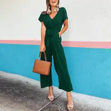 Women Jumpsuit Fashion Casual Solid Color Short Sleeve V Neck Lace Up Pockets Straight Leg Jumpsuits With Belt Ropa Mujer 2020 E