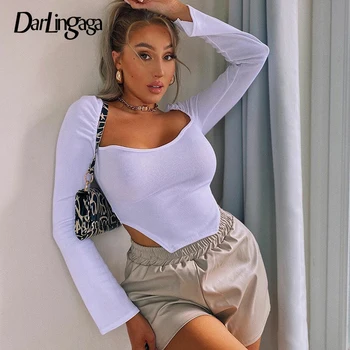 

Darlingaga Square Neck Ribbed White Female T-shirt Fashion Bodycon Slim Crop Tops Tees Solid Open Sleeve Autumn T-shirts Ladies