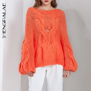 

SHENGPALAE Autumn 2020 New Women's Sweater Fashion Leisure Mohair Lantern Sleeve Twist All-match Round Collar Knit Pullovers