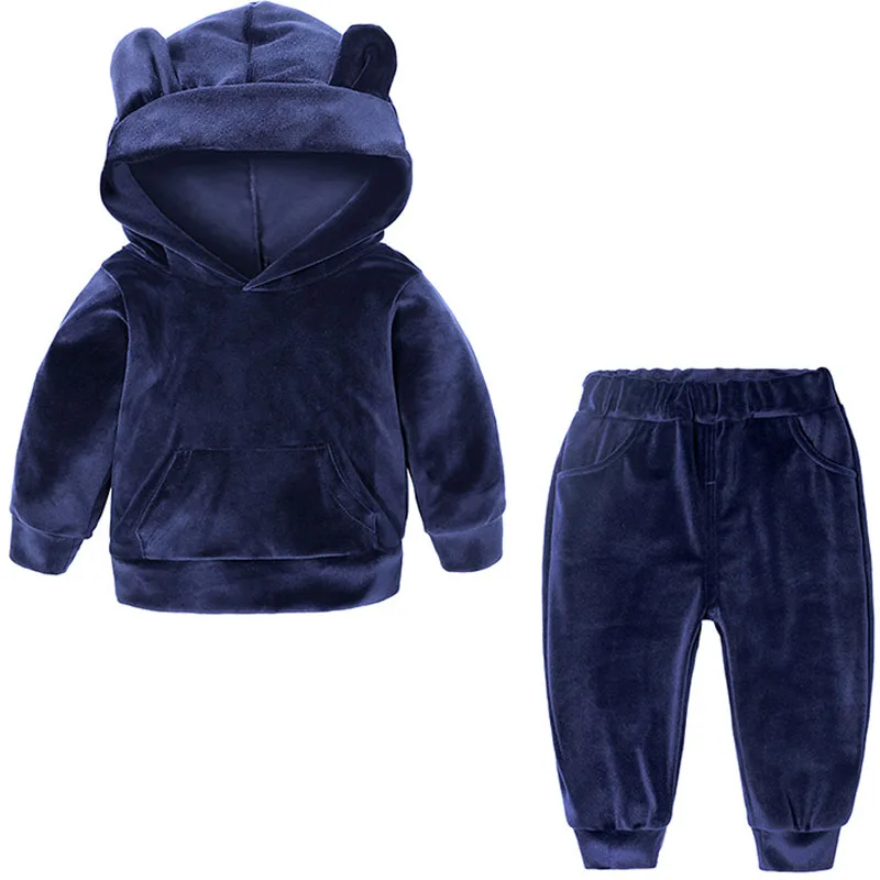 Baby Boys Girls Velvet Hooded Clothing Set Kids Jacket Coat Pants Suit for Sports Suits Tracksuits Toddler Children Clothes Set 2